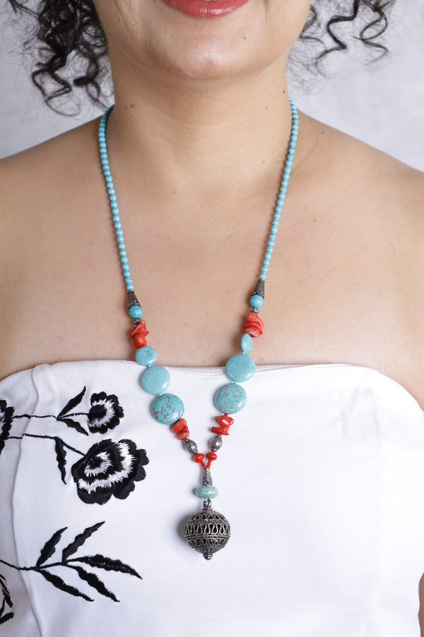 Turquoise & Coral Necklace with Metal bell pendant